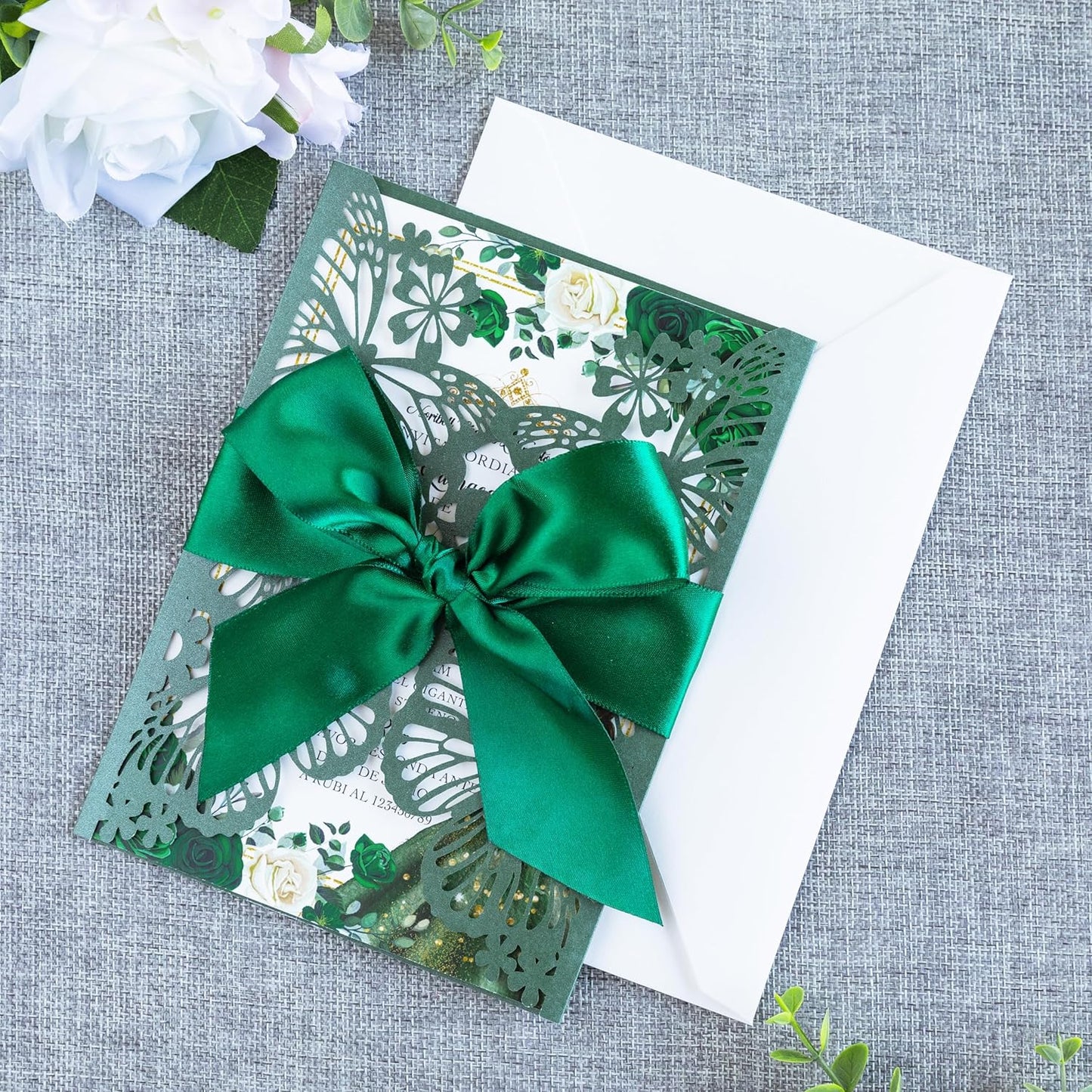 20 PCS 5.12x7.2 Butterfly Personalized Quinceanera Invitation, Customized XV Anos Laser Cut Invitation Cards with Envelopes (Emerald Green Personalized)