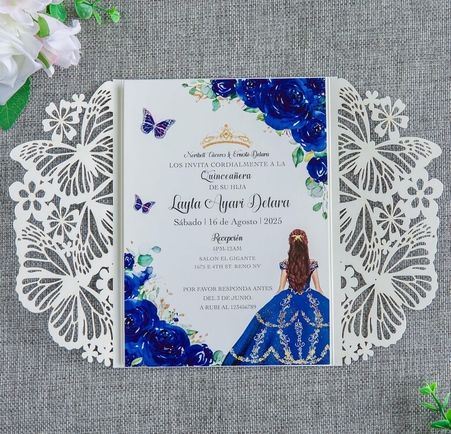 20 PCS 5.12x7.2 Butterfly Quinceanera Invitation, Laser Cut Wedding Invitation Cards with Envelopes for XV Anos Bridal Shower Baby Shower Invite (Blue Glitter)