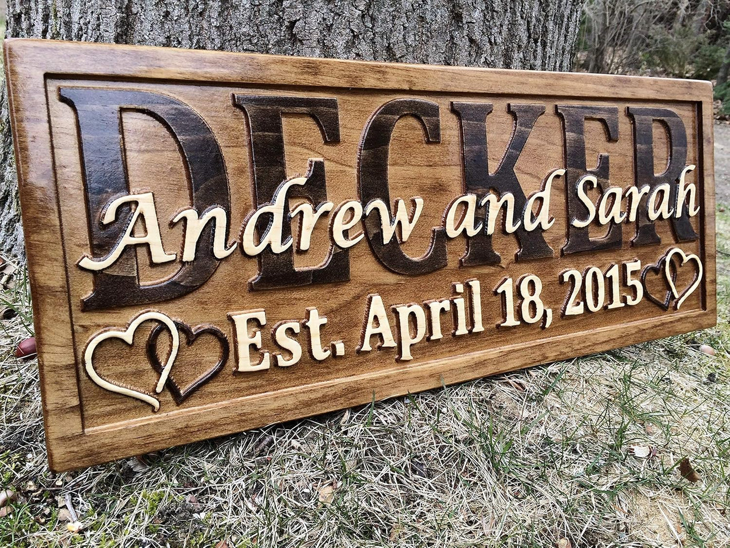 Personalized Wedding Gift Last Name Established Sign Family Name Signs Custom Wood Sign Carved Wood Sign 3D Hearts 5 Year Anniversary