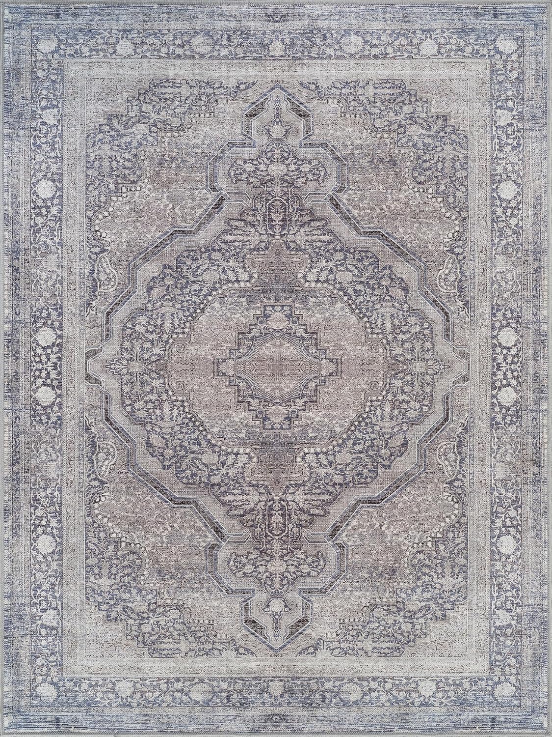 Bloom Rugs Washable Non-Slip 3' x 5' Rug - Blue/Steel Gray/Beige Traditional Medallion Area Rug for Living Room, Bedroom, Dining Room, and Kitchen - Exact Size: 3' x 5'