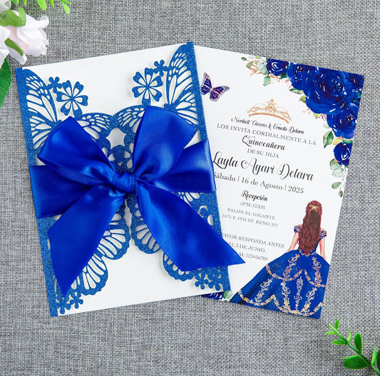 20 PCS 5.12x7.2 Butterfly Quinceanera Invitation, Laser Cut Wedding Invitation Cards with Envelopes for XV Anos Bridal Shower Baby Shower Invite (Blue Glitter)