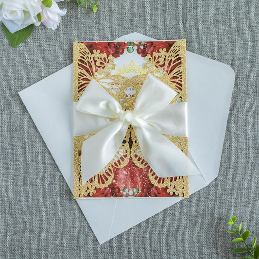 20 PCS 5.12x7.2 Butterfly Quinceanera Invitation, Laser Cut Wedding Invitation Cards with Envelopes for XV Anos Bridal Shower Baby Shower Invite (Gold Glitter)