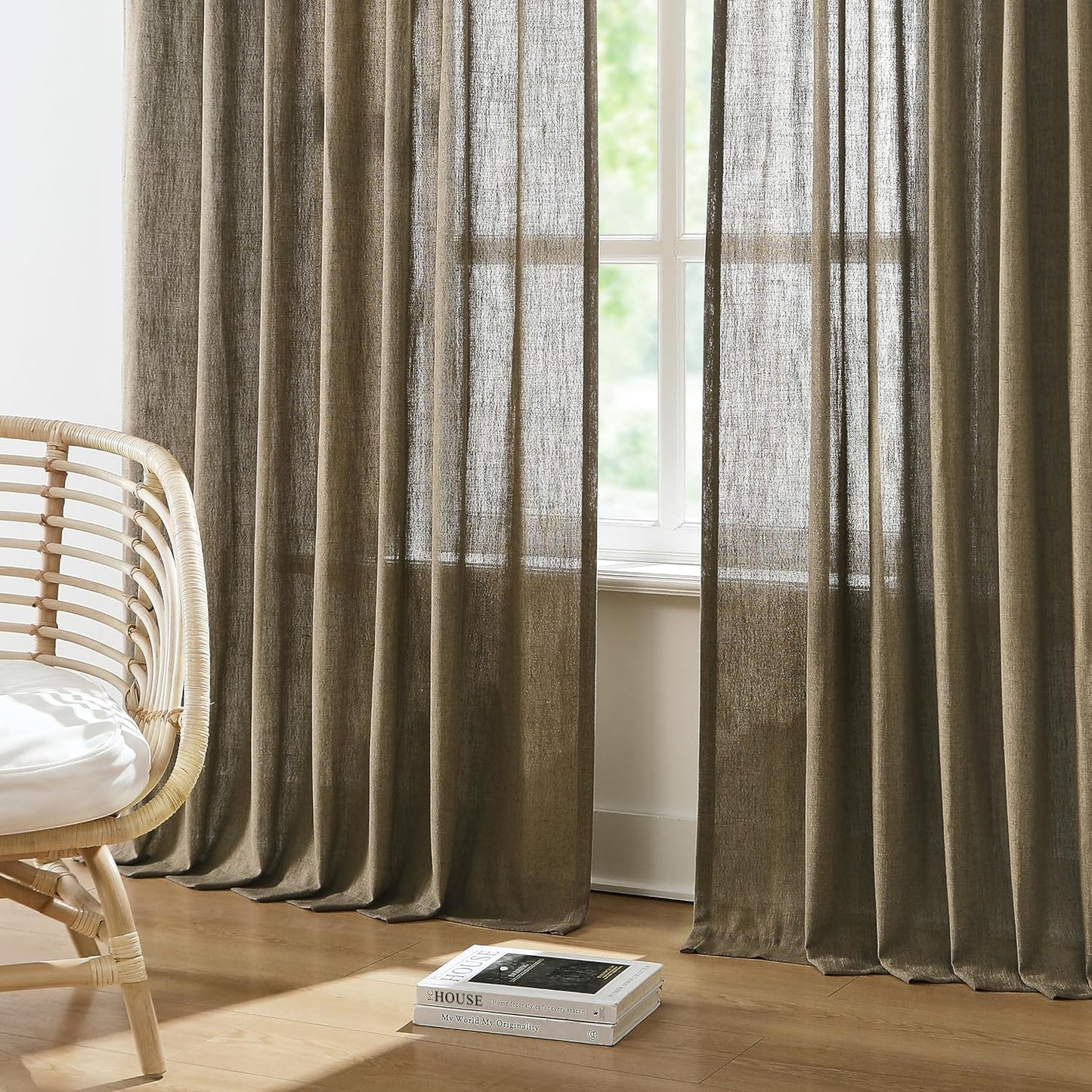 Vision Home Brown Pinch Pleated Semi Sheer Curtains Textured Linen Blended Light Filtering Window Curtains 95 inch for Living Room Bedroom Pinch Pleat Drapes with Hooks 2 Panels 40" Wx95 L