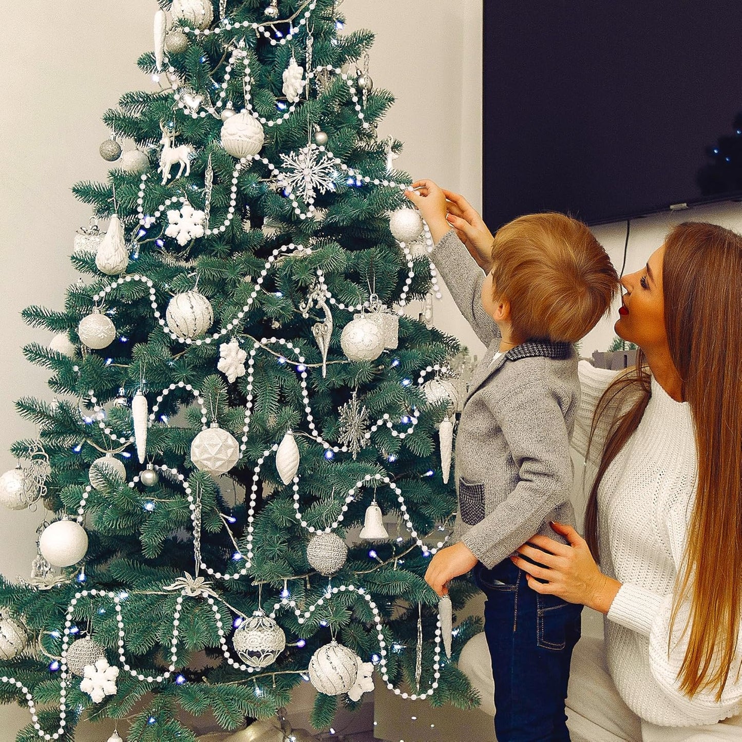 100 Feet White Christmas Tree Garland, Artificial Beads Strands Chain, Christmas Tree Decorations for DIY Xmas Tree Decorations Fireplace Balcony Home Party Decor