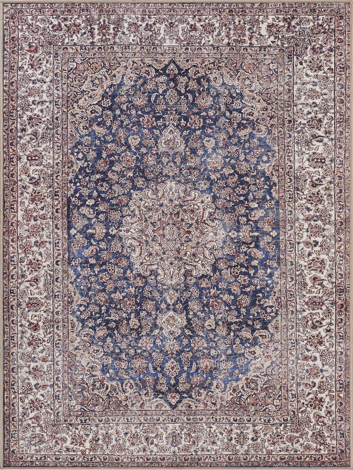 Bloom Rugs Washable Non-Slip 3' x 5' Rug - Dark Blue/Beige Traditional Medallion Area Rug for Living Room, Bedroom, Dining Room, and Kitchen - Exact Size: 3' x 5'