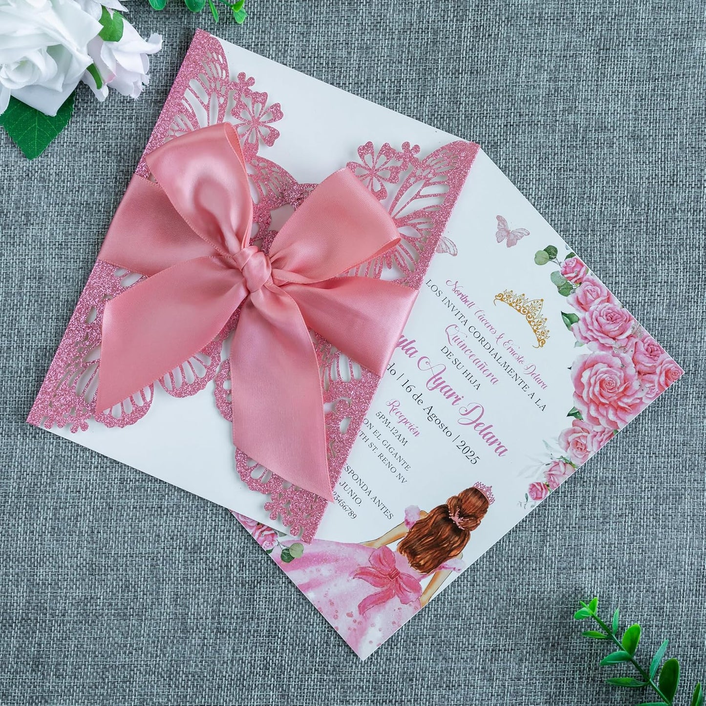 20 PCS 5.12x7.2 Butterfly Quinceanera Invitation, Laser Cut Wedding Invitation Cards with Envelopes for XV Anos Bridal Shower Baby Shower Invite (Pink Glitter)
