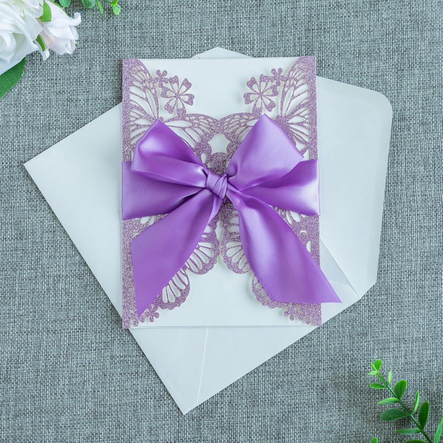 20 PCS 5.12x7.2 Butterfly Quinceanera Invitation, Laser Cut Wedding Invitation Cards with Envelopes for XV Anos Bridal Shower Baby Shower Invite (Purple Glitter)